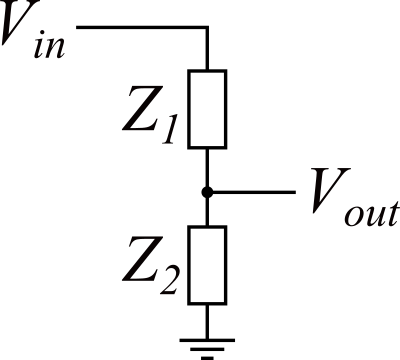 Circuit schematic of a general voltage divider with impedance components Z1 and Z2