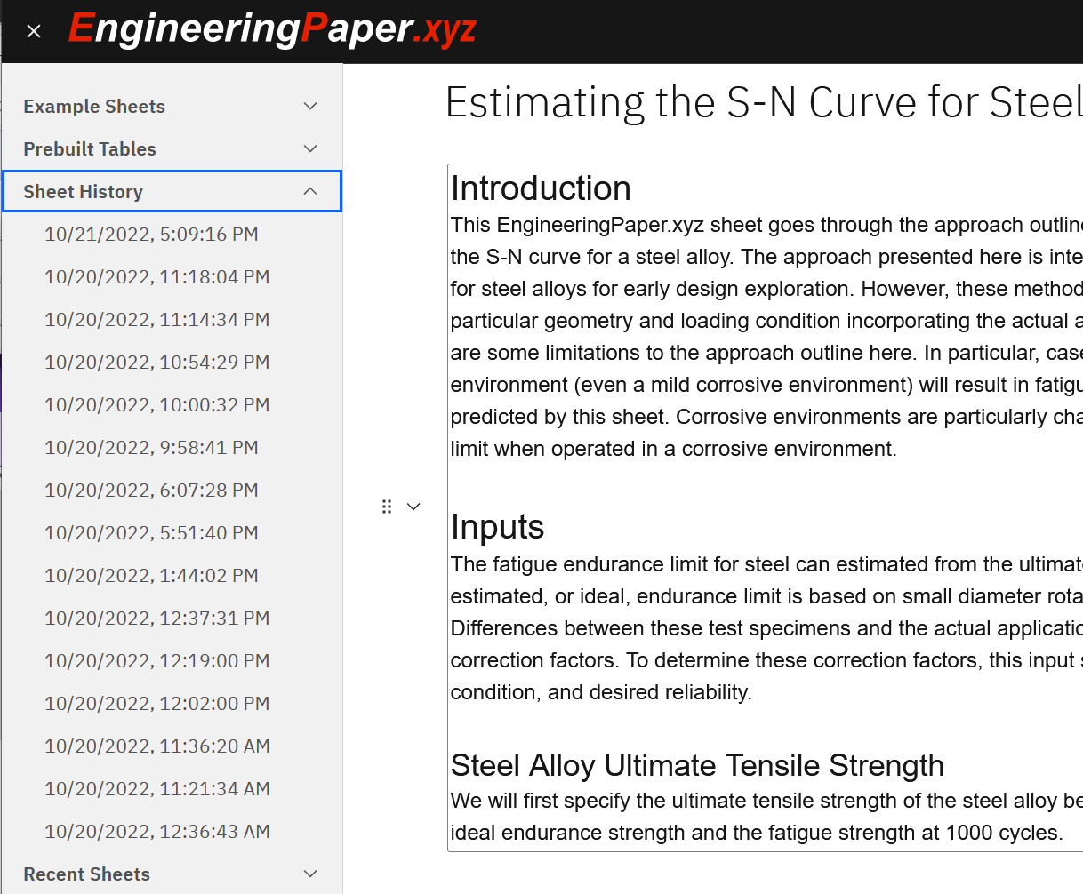 An illustration of the sheet history sidebar menu in EngineeringPaper.xyz