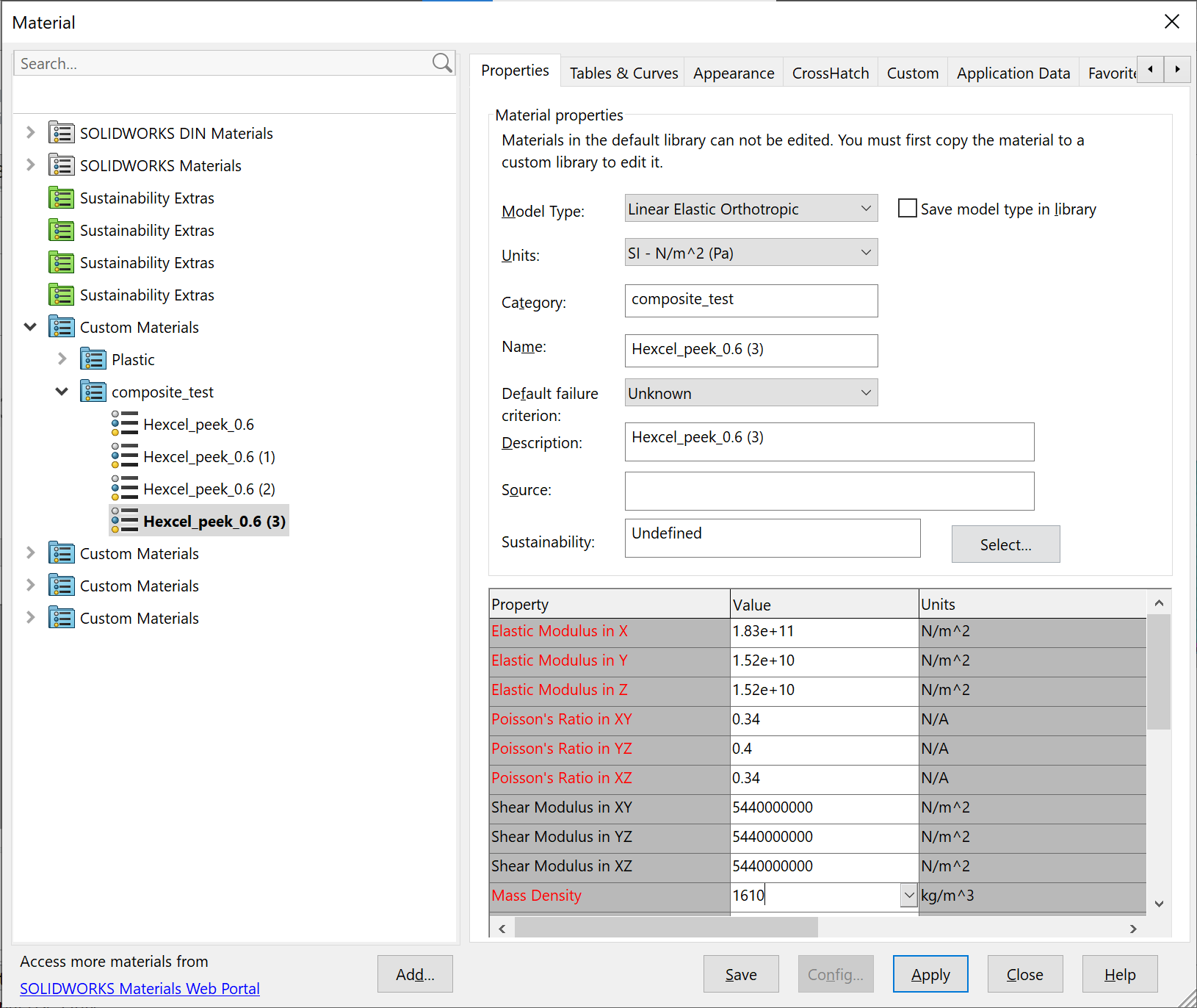 Defining a SolidWorks custom orthotropic material